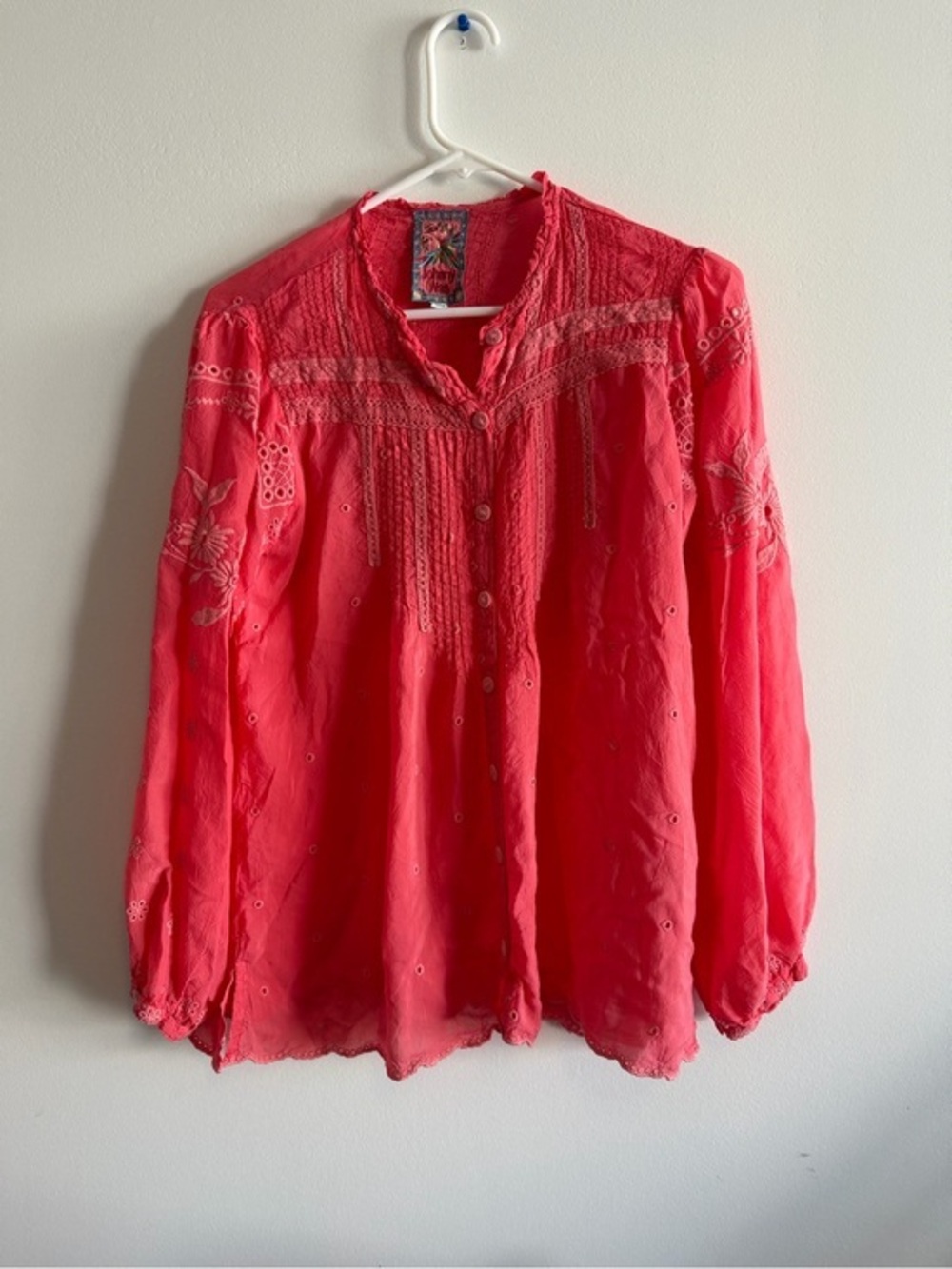 Johnny Was XS Coral Pink Embroidered Eyelet Cupra Rayon Tunic Blouse Top